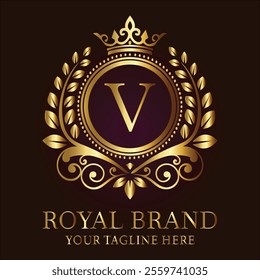 Royal brand luxury logo with golden crown laurel wreath and elegant letter V design  
