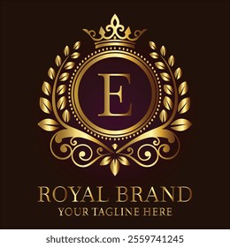 Royal brand luxury logo with golden crown laurel wreath and elegant letter E design  
