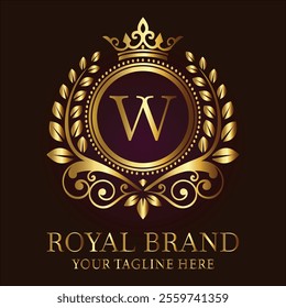 Royal brand luxury logo with golden crown laurel wreath and elegant letter W design  
