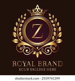 Royal brand luxury logo with golden crown laurel wreath and elegant letter Z design  
