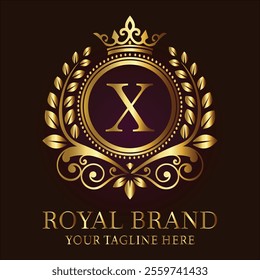 Royal brand luxury logo with golden crown laurel wreath and elegant letter X design  
