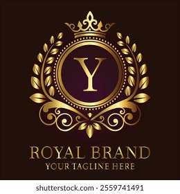 Royal brand luxury logo with golden crown laurel wreath and elegant letter Y design  
