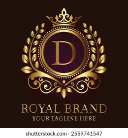 Royal brand luxury logo with golden crown laurel wreath and elegant letter D design  
