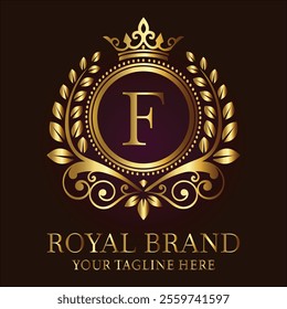 Royal brand luxury logo with golden crown laurel wreath and elegant letter F design  
