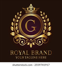 Royal brand luxury logo with golden crown laurel wreath and elegant letter G design  
