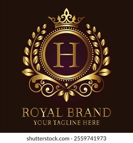 Royal brand luxury logo with golden crown laurel wreath and elegant letter H design  
