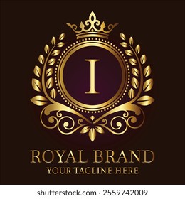 Royal brand luxury logo with golden crown laurel wreath and elegant letter I design  
