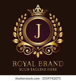 Royal brand luxury logo with golden crown laurel wreath and elegant letter J design  
