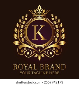 Royal brand luxury logo with golden crown laurel wreath and elegant letter K design  
