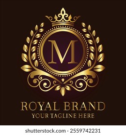 Royal brand luxury logo with golden crown laurel wreath and elegant letter M design  
