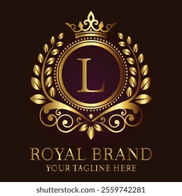 Royal brand luxury logo with golden crown laurel wreath and elegant letter L design  
