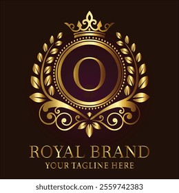 Royal brand luxury logo with golden crown laurel wreath and elegant letter O design  
