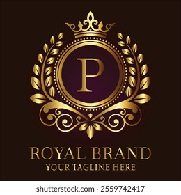 Royal brand luxury logo with golden crown laurel wreath and elegant letter P design  
