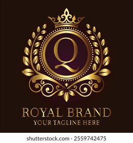 Royal brand luxury logo with golden crown laurel wreath and elegant letter Q design  
