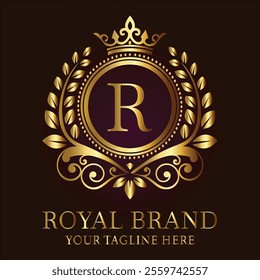 Royal brand luxury logo with golden crown laurel wreath and elegant letter R design  
