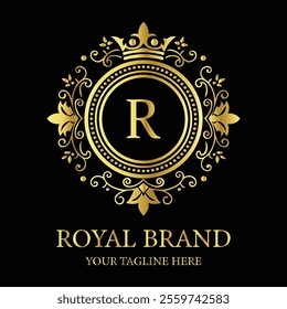 Royal brand luxury logo with golden crown laurel wreath and elegant letter R design  
