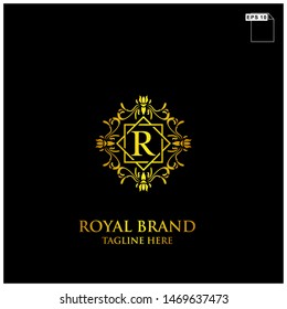 royal brand name logo design concept with floral and element gold color and black background