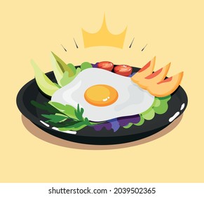 Real desayuno tortilla de huevo raspado frito con verduras y frutas caricatura ilustración vectorial de icono. Icono de objeto de alimento aislado.