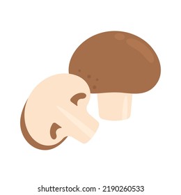 Royal brown champignons isolated on white background. Whole raw mushroom and halved. Agaricus bisporus. Vector vegetables illustration in simple flat style.