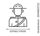 Royal canadian mounted police linear icon. Rider traditional scarlet uniform. Horse rider officer. Thin line customizable illustration. Contour symbol. Vector isolated outline drawing. Editable stroke