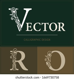 Royal Capital Letter V, R, O. Graceful Elegant Style. Line Art Logo Design. Vintage Creative Drawn Emblem for Book Design, Brand Name, Business Card, Restaurant, Boutique, Hotel. Vector illustration