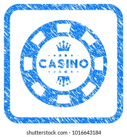 Royal Casino Chip grunge textured icon inside rounded rectangle for overlay watermark imitations. Flat symbol with unclean texture.