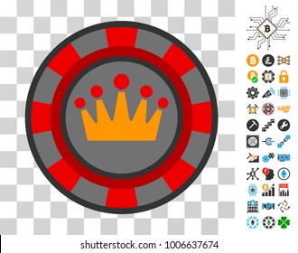 Royal Casino Chip icon with bonus bitcoin mining and blockchain pictures. Vector illustration style is flat iconic symbols. Designed for blockchain websites.