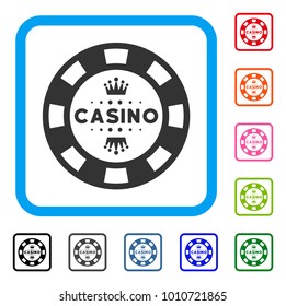 Royal Casino Chip icon. Flat gray iconic symbol inside a blue rounded rectangular frame. Black, grey, green, blue, red, orange color additional versions of royal casino chip vector.