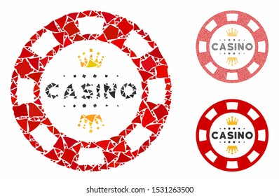 Royal casino chip mosaic of bumpy elements in variable sizes and color tints, based on royal casino chip icon. Vector bumpy items are grouped into collage.