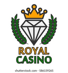 Royal Casino colorful logo emblem isolated on white. Vector label illustration of big precious stone with golden crown on top and two green branches on sides with inscription below in flat design
