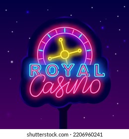 Royal Casino Neon Street Billboard. Night Glowing Advertising. Roulette Icon. Internet Gambling Game. Winner Concept. Glowing Emblem. Editable Stroke. Vector Stock Illustration