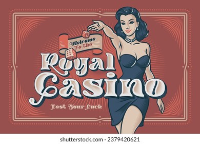 Royal Casino poster with elegant woman illustration wearing an evening dress throwing a dice cubes.