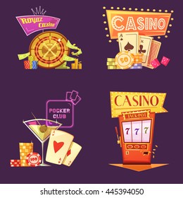 Caricatura real del casino retro 2 x 2 iconos establecidos con fichas de la máquina tragamonedas del club de póquer y ganar en fondo morado plano ilustración vectorial aislada aislado de fondo morado