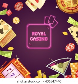 Royal casino with slot machine roulette cards money chips and cocktail around on purple background retro cartoon vector illustration