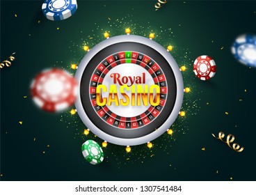 Royal casino text on roulette machine with casino chips illustration on green confetti background for gambling night party banner or poster design.