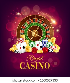 Royal casino, wheel of fortune and gambling dices, poker playing cards on blurred purple. Vector gamble game, golden coins and bets, token chips. Roulette and blackjack chips