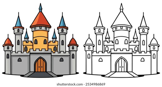 Royal Castle Building Vetor Página De Coloração Para Crianças