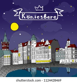 Königsberg with Royal Castle and cats. Vector illustration. Kaliningrad.