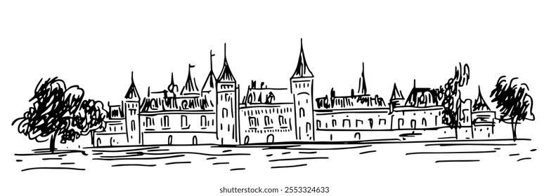 royal castle doodle hatching vector sketch