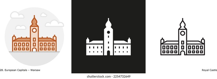 Royal Castle filled outline and glyph icon. Landmark building of Warsaw, the capital city of Poland
