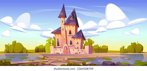 Royal castle with gates, windows and towers. Path to entrance to fairytale medieval palace for king, queen and princess. Cartoon vector landscape with trees and bushes, clouds in sky and chateau.