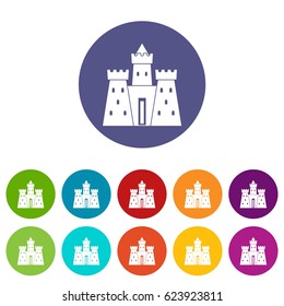 Royal castle icons set in circle isolated flat vector illustration