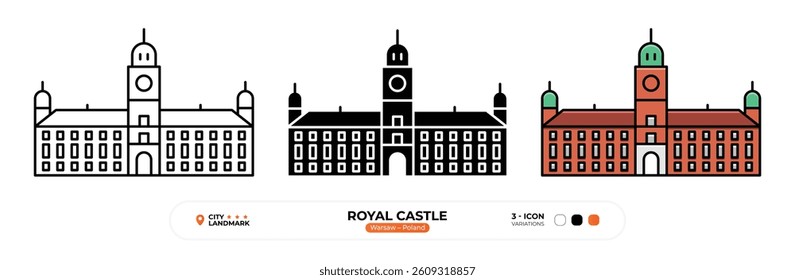 Royal Castle, Line Icon. Warsaw, Poland, Landmark, Silhouette, Color Vector, Editable Stroke.