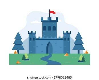 The royal castle rises majestically amidst a peaceful landscape of lush green grass and tall trees. Character design. Vector flat illustration