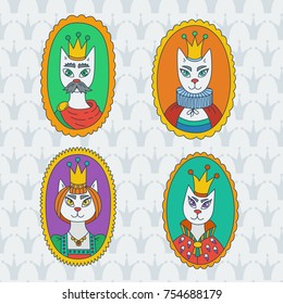 Royal cats portrauts doodle colorful cute childish vector set