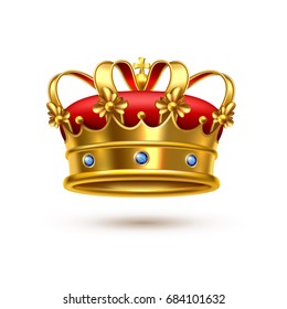 Royal ceremonial gold crown with gemstones and red velvet realistic single closeup isolated image vector illustration 