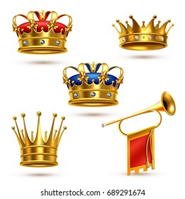 Royal ceremonial gold crowns collection and fanfare heralding trumpet realistic images set white background isolated vector illustration 