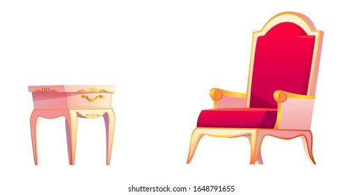 Royal chair and bedside table for luxury bedroom interior. Vector cartoon set of vintage furniture, night stand with drawer and golden armchair with red upholstery isolated on white background