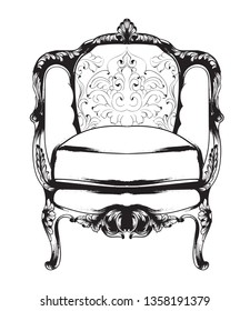 Royal chair Vector. Royal style decotations. Victorian ornaments engraved. Imperial furniture decor illustrations line arts