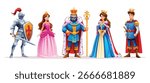 Royal characters with a king holding a scepter, queen, princess, prince, and a knight with sword. Vector cartoon illustration